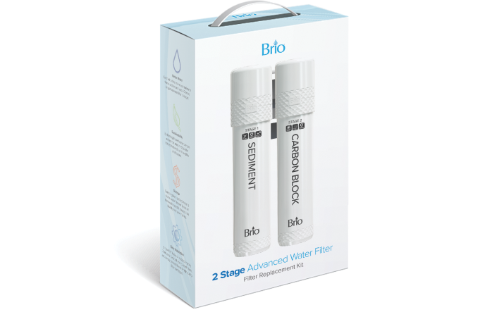 Brio 2 Stage Advanced Water Filter replacement kit packaging, showing two filters labeled Stage 1 Sediment and Stage 2 Carbon Block, with a white and light blue box design and carrying handle.